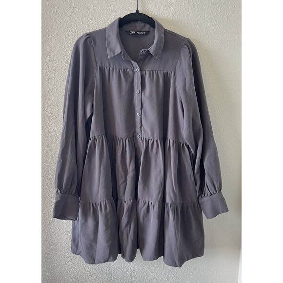 Zara Women's Shirt Dress Mini Size Sm Babydoll Long Sleeve Dark Gray Boho - Picture 1 of 16